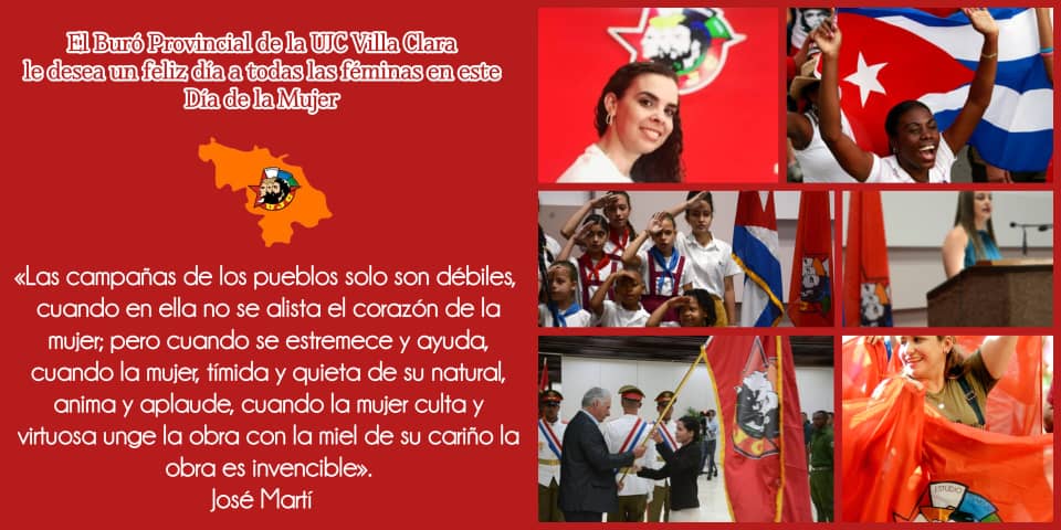 UJCVC1's tweet photo. 🥳Buró Provincial de #UJCVillaClara felicita a todas las mujeres cubanas y en especial a nuestras guerreras villaclareñas  , en este día 8 de marzo día de la Mujer. 
      
         #JuntosPorVillaClara #UJCdeCuba @MeyvisEstevezE  #siemprejoven https://t.co/c42cdrmVf8