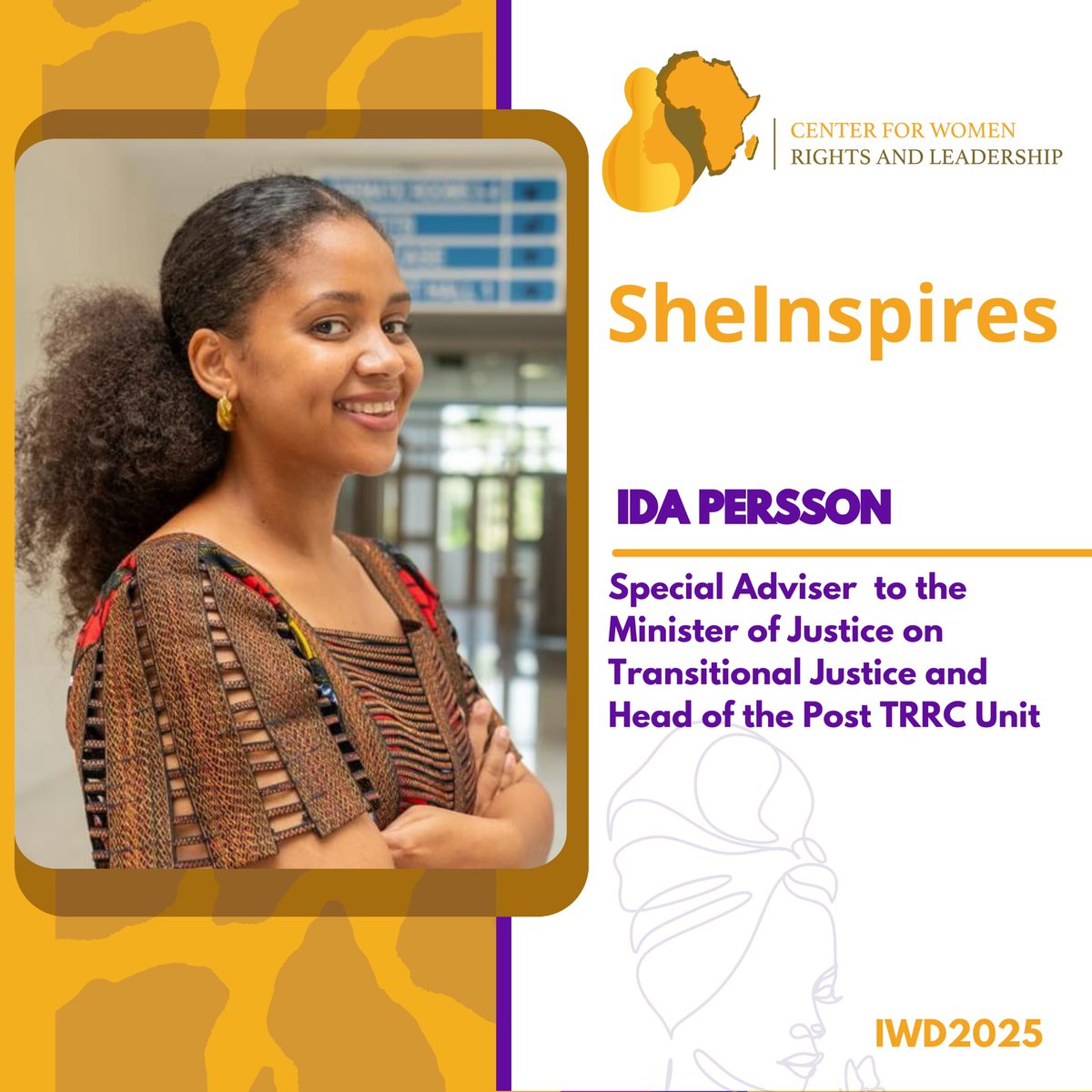 CenterWRL's tweet photo. Meet @ipersson87 
An Inspiring Woman Leader. Pivotal in #Gambia’s Transitional Justice Process. 
#IWD25 https://t.co/EAcKaJOhvE