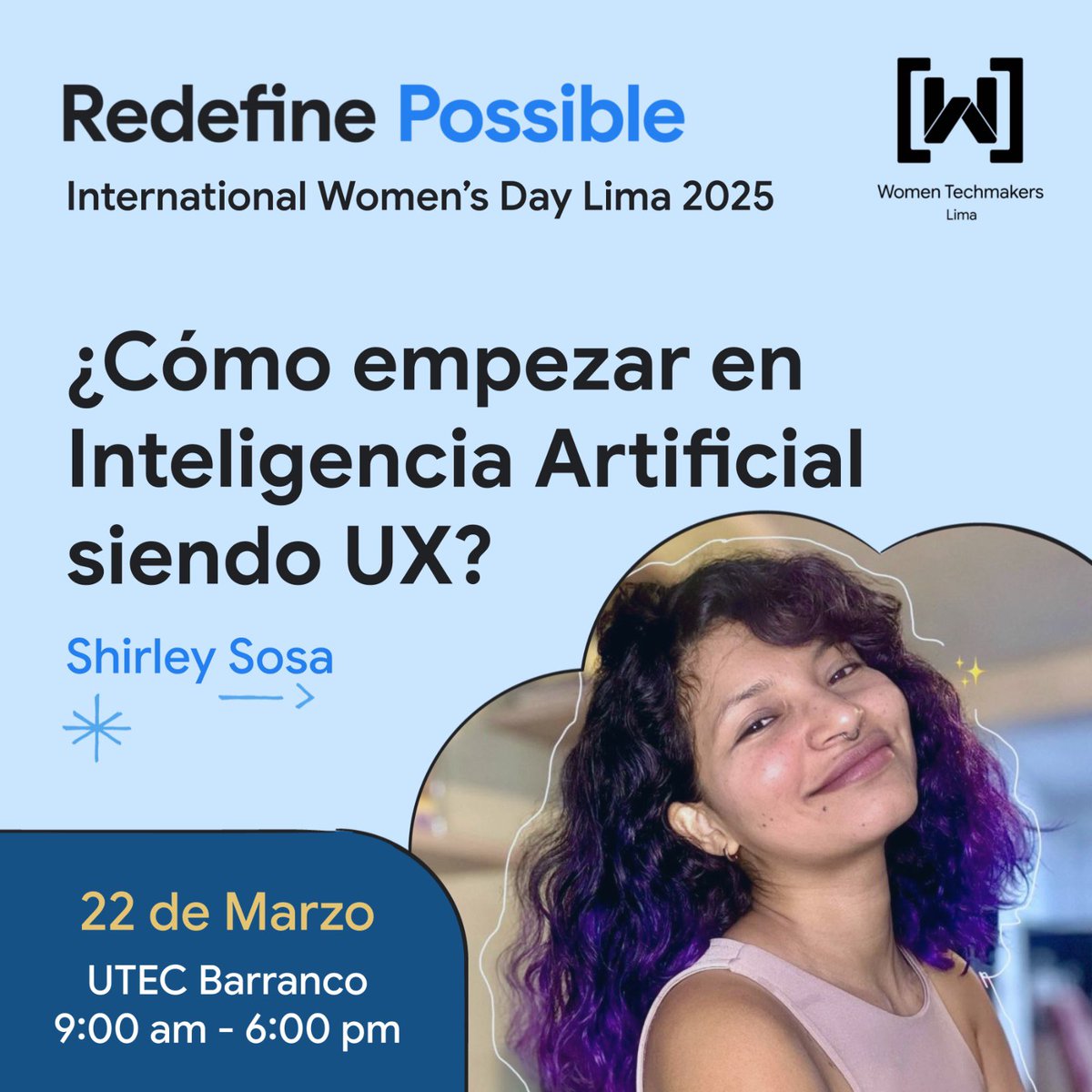 WTMLima's tweet image. 💡 ¿Cómo empezar en IA siendo UX Designer?
En el IWD Lima 2025, Shirley Sosa nos enseñará cómo enfocó su perfil de UX en IA y nos guiará en un ejercicio.
📅 22 de marzo | 📍 UTEC, Barranco
🎟️ Regístrate 👉 wtmlima.com/iwd-2025
#IWD2025 #WomenInTech #UXDesign #AI