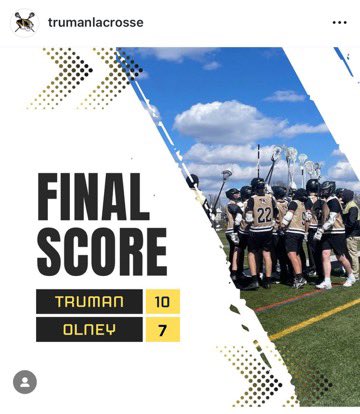 Truman Lacrosse off to a good start with a 10-7 Scrimmage win over Olney Charter. 

#btsdtigers <a href="/SOLsports/">SOLsports</a>