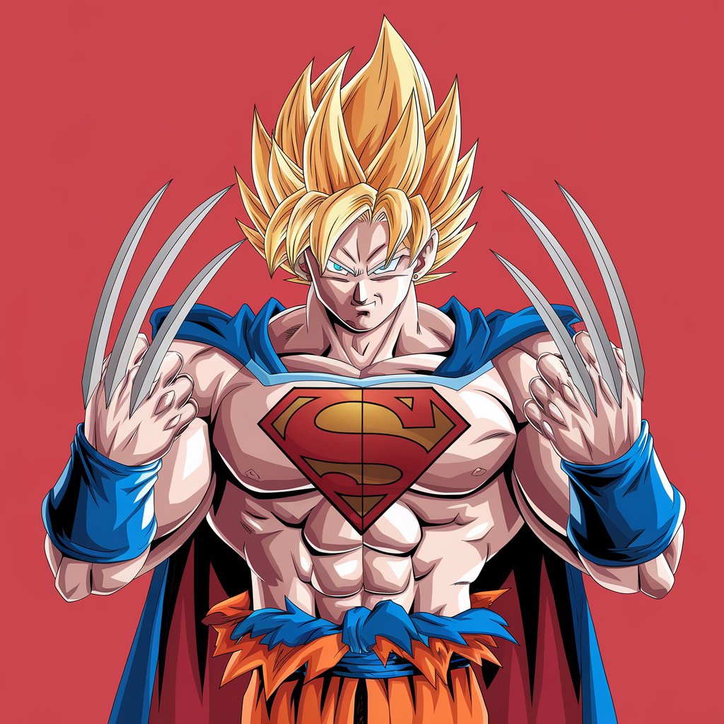"full body portrait of super sayajin majin goku with wolverine adamantium blades coming out of his knuckles, superman and songuku logo fusion on the breast and a superman cape in marvel comic style"

#ideogram 2a+2 with; 2a+2 w/o magic prompt
-&gt; 2 does "marvel style" WAY better🤨