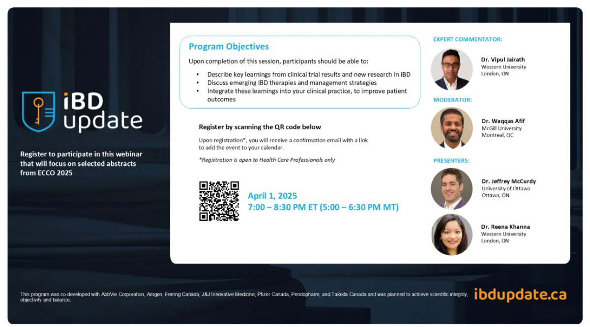 Waqqas Afif, MD (@waqqasafif) on Twitter photo Please join us for our post ECCO 2025 IBD Update to review the top presented abstracts. Expert commentary by <a href="/vipuljairath/">Vipul Jairath MBChB DPhil</a>
Join Here! us02web.zoom.us/webinar/regist… Please join us for our post ECCO 2025 IBD Update to review the top presented abstracts. Expert commentary by <a href="/vipuljairath/">Vipul Jairath MBChB DPhil</a>
Join Here! us02web.zoom.us/webinar/regist…