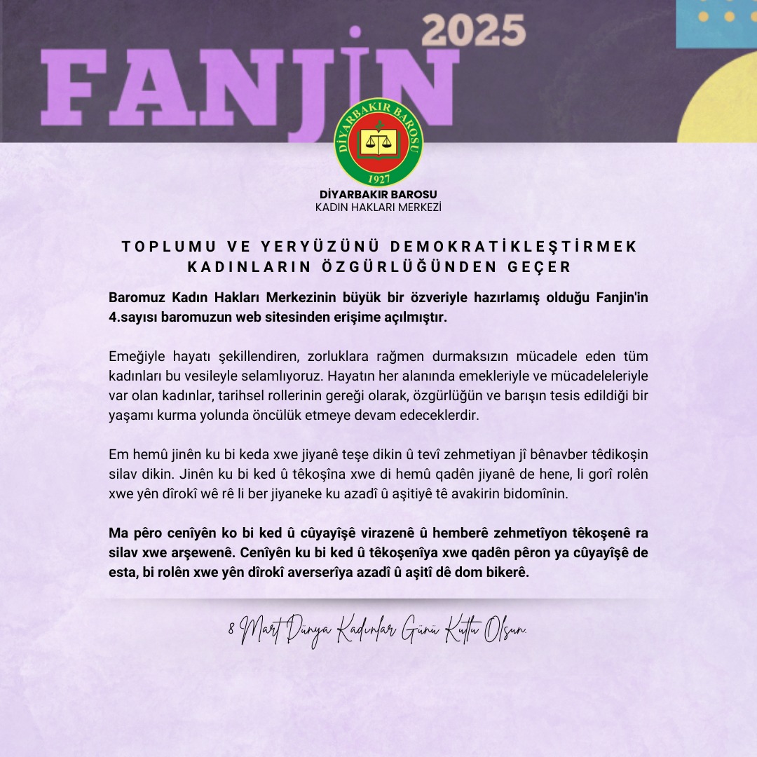 Baromuz Kadın Hakları Merkezi'nin büyük bir özveriyle hazırlamış olduğu Fanjin'in 4.sayısına aşağıda bulunan linkten ulaşabilirsiniz: diyarbakirbarosu.org.tr/public/uploads…