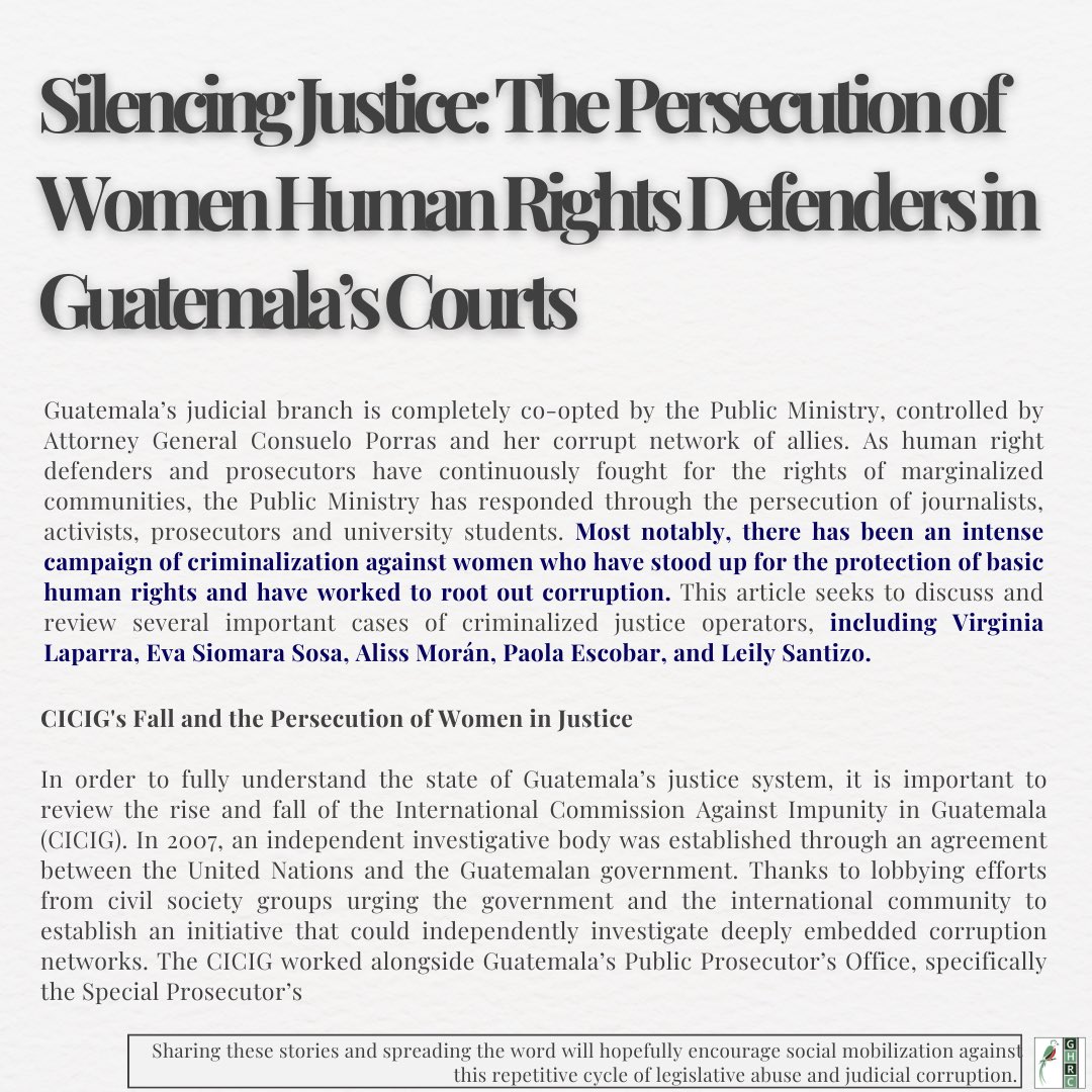 GHRCUSA's tweet photo. #InternationalWomensDay, we honor the valiant work of former prosecutor #EvaSosa, former Constitutional Court Judge #GloriaPorras, former prosecutor #VirginiaLaparra, #ClaudiaGonzalez, and many other women who have been persecuted imprisoned for their fight against corruption. https://t.co/vLLjtThyB8