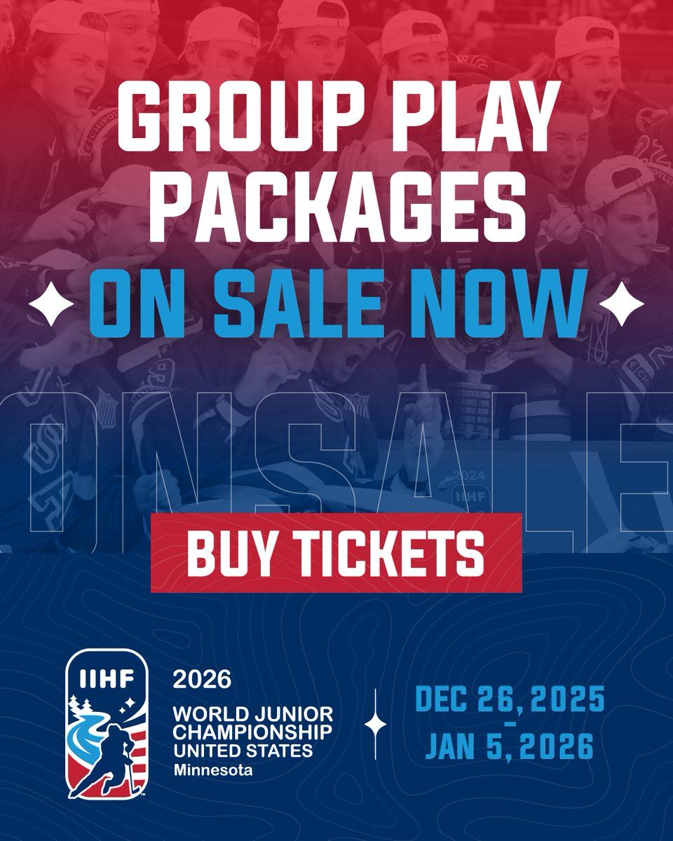 ❗ Group Play Packages ON SALE NOW❗Don’t miss your shot—secure your seats to16 epic, action-packed games, including medal rounds 🏆

🎟️ WorldJuniorsMN26.com
🏒 Group A (featuring Team USA 🇺🇸) at Xcel Energy Center
🏒 Group B at 3M Arena at Mariucci