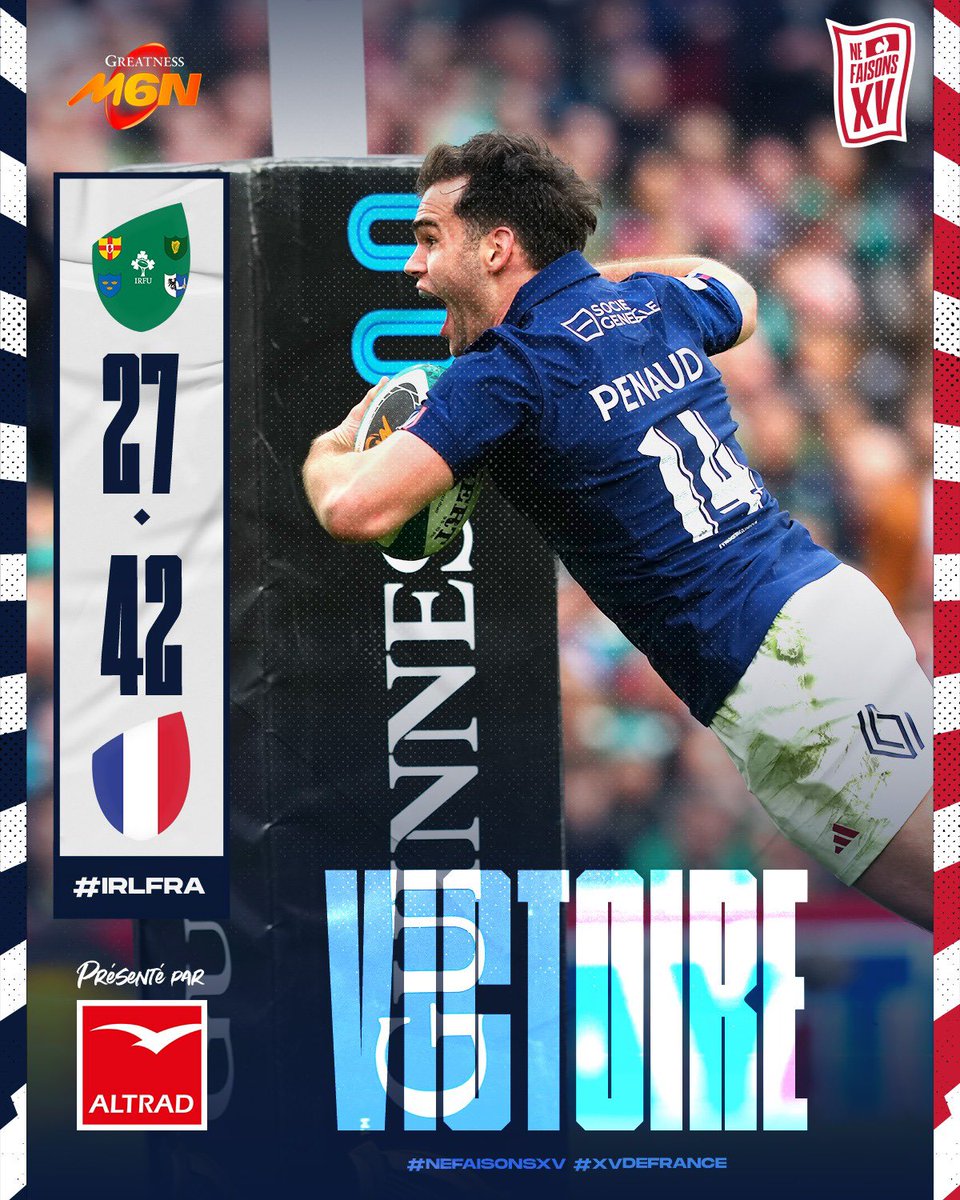 😍🔥 𝗢𝗨𝗜 𝗟𝗘𝗦 𝗚𝗔𝗥𝗦 !!! 
Le #XVdeFrance s'impose à Dublin avec le bonus offensif ! 💙💙💙

#NeFaisonsXV #IRLFRA