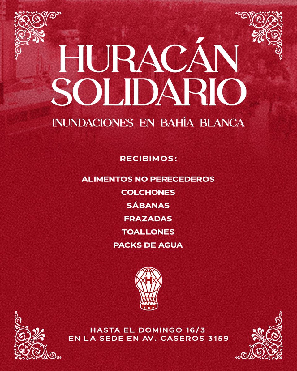 CAHuracan's tweet image. Bahía Blanca nos necesita a todos 📣

Desde Huracán Solidario convocamos a los socios, socias e hinchas a ayudar a las personas que viven en esa ciudad castigada por el temporal.

Se necesitan alimentos no perecederos, packs de agua, colchones, sábanas, toallones y frazadas.