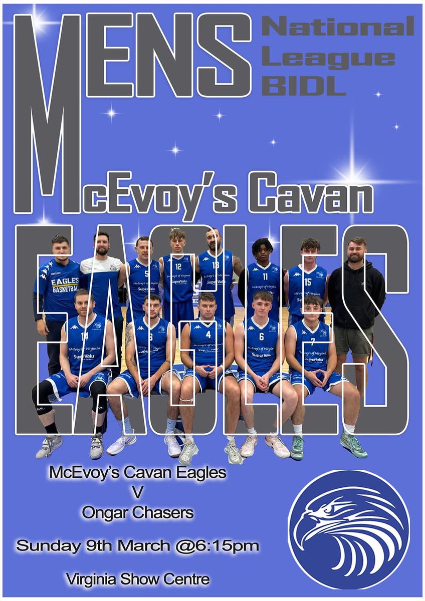 Two big home games tomorrow as our U20 Eagles girls take on <a href="/LiffeyCelticsBC/">Liffey Celtics</a> in the Cup and our McEvoy's Cavan Eagles Men host #ongerchasers in the BIDL league 
<a href="/BballIrl/">Basketball Ireland</a>
👏🏽👏🏽🦅🏀