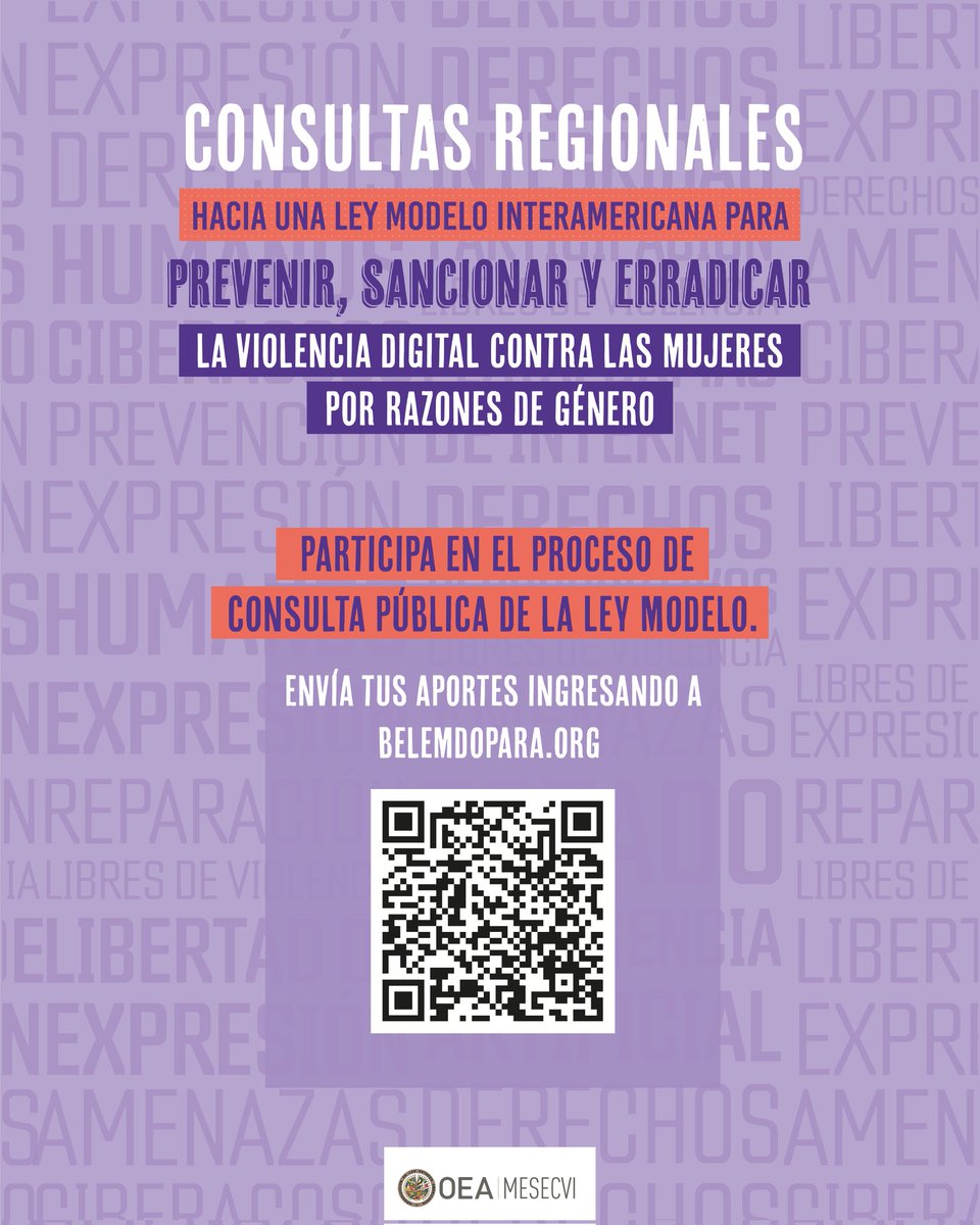🆕 <a href="/MESECVI/">MESECVI-OEA CEVI</a> inicia una consulta pública virtual para la construcción participativa y plural de la Ley Modelo sobre violencia digital contra las mujeres por razones de género🟣 

Desde este #8M💪🏻 y hasta el 8 de abril ➡️envía tus aportes ingresando a: belemdopara.org/violencia-digi…