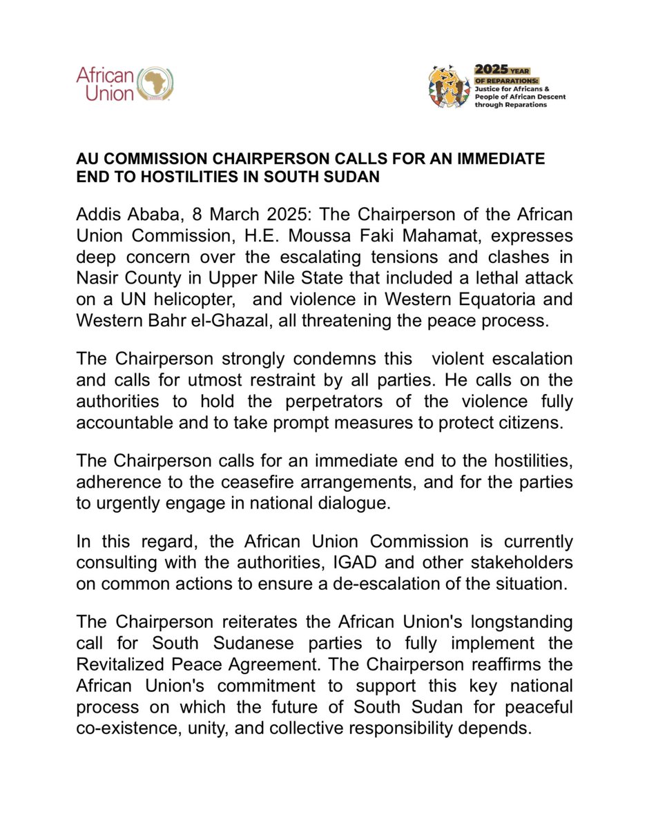 African Union (@_africanunion) on Twitter photo AU Commission Chairperson <a href="/AUC_MoussaFaki/">Moussa Faki Mahamat</a> calls for an immediate end to hostilities in South Sudan
au.int/en/pressreleas… AU Commission Chairperson <a href="/AUC_MoussaFaki/">Moussa Faki Mahamat</a> calls for an immediate end to hostilities in South Sudan
au.int/en/pressreleas…