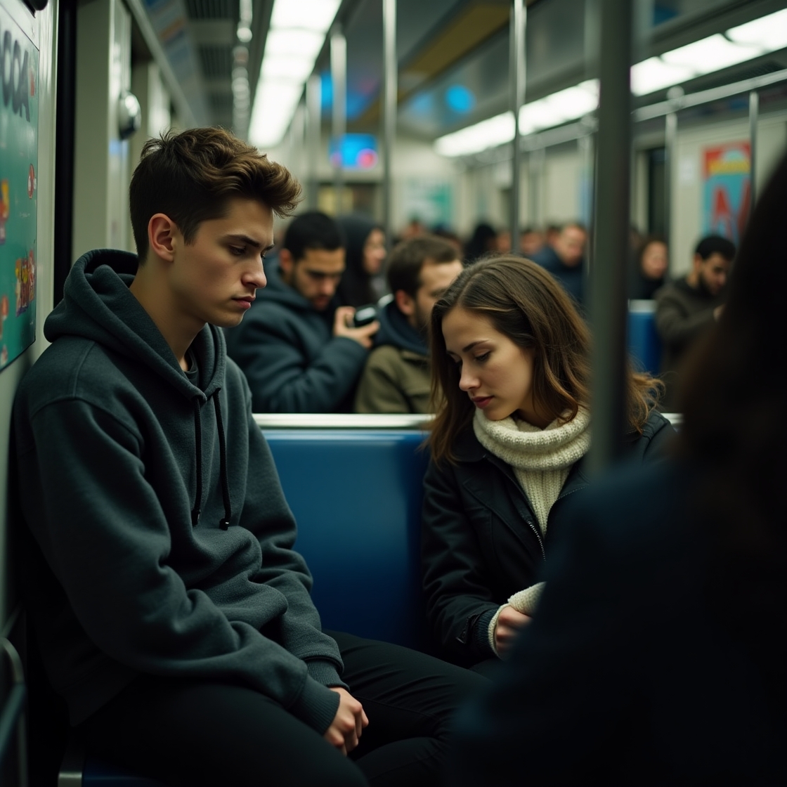 PROMPT: Man in hoodie and pants in a well subway sitting and staring at a lady sleeping from a distance, with passengers inside.                                                                       RESULT: