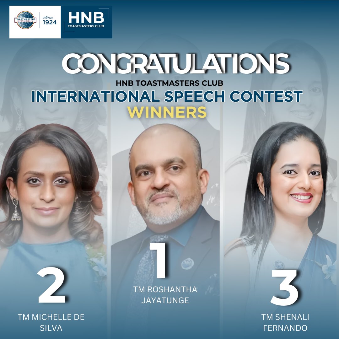 HNBTMC's tweet photo. Congratulations to the winners of International Speech Contest 2025 of HNB Toastmasters Club! 🥳

Wishing you all the very best as you take the stage at the **Area Contest** 🎉

Keep inspiring and making us proud! 🙌🏻

#HNBToastmasters #SpeechContest #BestWishes https://t.co/6kPYFg7kKr