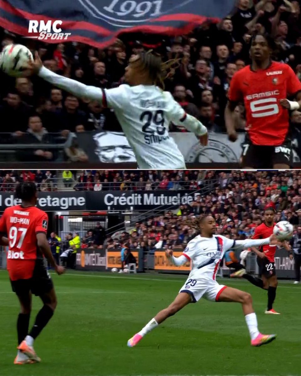 ActuFoot_'s tweet image. La main volontaire de Bradley Barcola pour contrer une passe rennaise. 😅✋

Pas de carton.

En revanche, Brice Samba écope d’un jaune pour avoir demandé un jaune pour le Parisien. 🟨

📸 @RMCsport