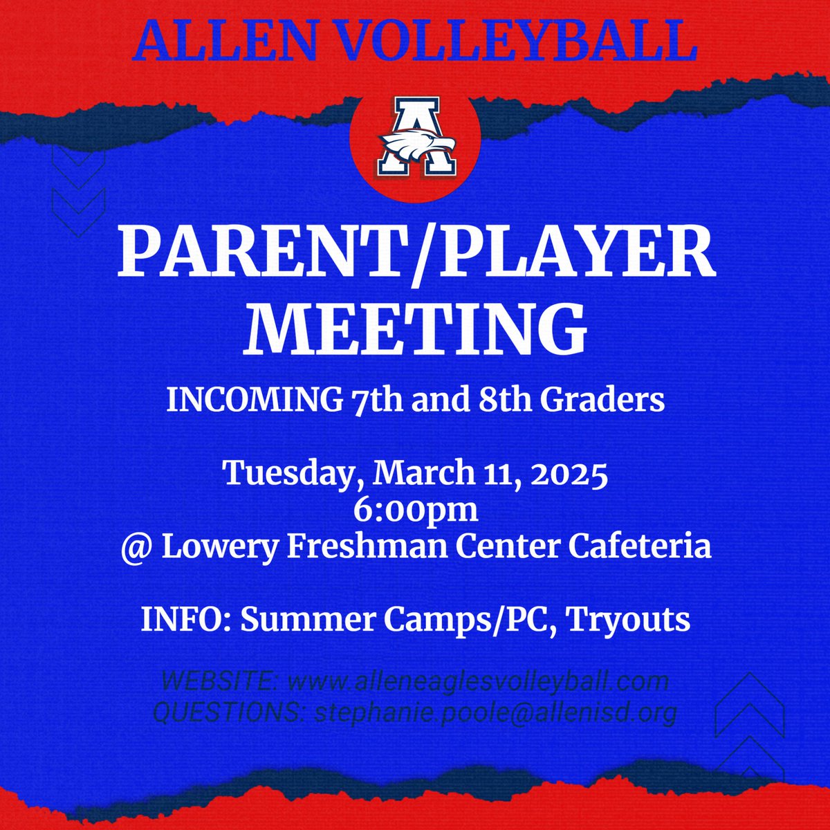 MONDAY: incoming Freshmen
TUESDAY: incoming 7th &amp; 8th graders

**IF YOU'RE INTERESTED IN TRYING OUT FOR VOLLEYBALL IN AUGUST, PLEASE ATTEND!!