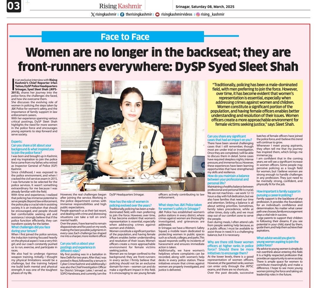 Irfan Yattoo ( عرفان یتو) (@irfanyattoo) on Twitter photo Face to Face:
#Women are no longer in the backseat; they are front-runners everywhere: DySP <a href="/Sleet_Shah/">Syed Sleet Shah</a> <a href="/SrinagarPolice/">Srinagar Police</a>
#WomensDay2025
Read this interview here <a href="/RisingKashmir/">Rising Kashmir</a>
risingkashmir.com/face-to-face-w… Face to Face:
#Women are no longer in the backseat; they are front-runners everywhere: DySP <a href="/Sleet_Shah/">Syed Sleet Shah</a> <a href="/SrinagarPolice/">Srinagar Police</a>
#WomensDay2025
Read this interview here <a href="/RisingKashmir/">Rising Kashmir</a>
risingkashmir.com/face-to-face-w…