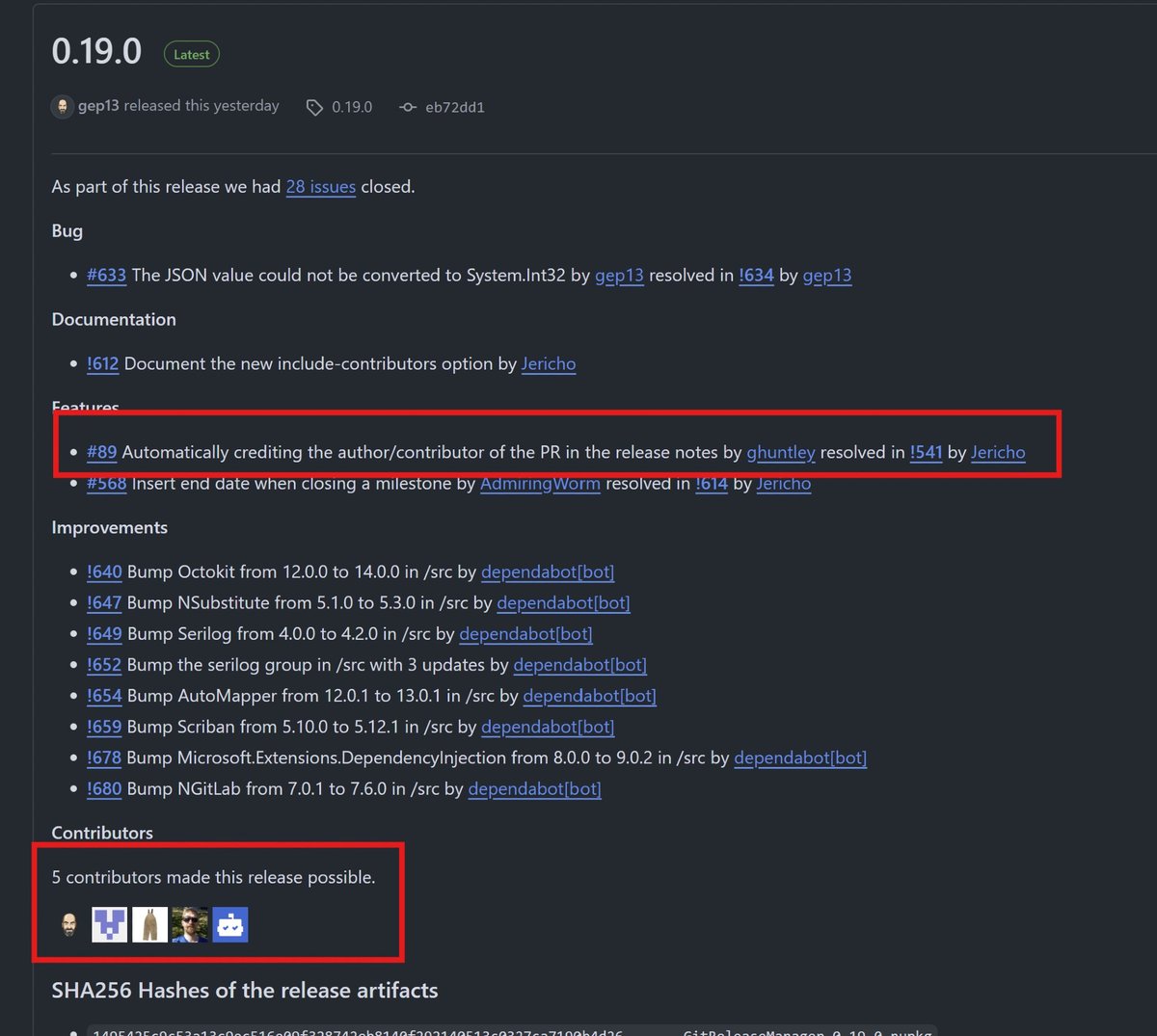 gep13's tweet image. Really happy with the latest release of #GitReleaseManager, version 0.19.0. Has the ability to include info about contributors to a release, including who created the issues, and who solved them via a PR. See link for example, or check image below: github.com/GitTools/GitRe…