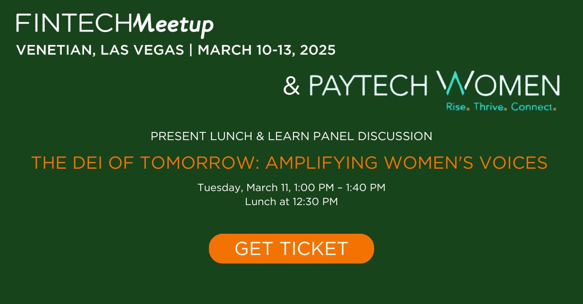 PayTechWomen's tweet image. Join us @FintechMeetup #LunchAndLearn w/ #PTWomen CEO Dr. Gail Burgos &amp;amp; Bd Secretary Laura Gibson-Lamothe of GA Fintech Academy: bit.ly/41ffZiw
💡The #DEI of Tomorrow: Amplifying Women’s Voices
📅 3/11 1-1:40PM PT Track 
📍Bellini 2001A-2101B
#paytech #payments #fintech