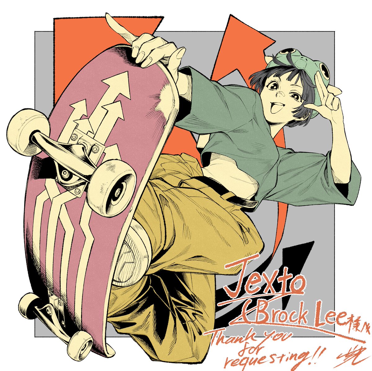 Thank you for yet another incredible illustration! 🐸✨

This time I requested my <a href="/aikovirtual/">Aiko Virtual</a> #7381, Yumi! I love how this came out, the pose is so cool and I love the arrow design on the board! 🛹🐸

This illustration fits her perfectly, thank you! 🙏