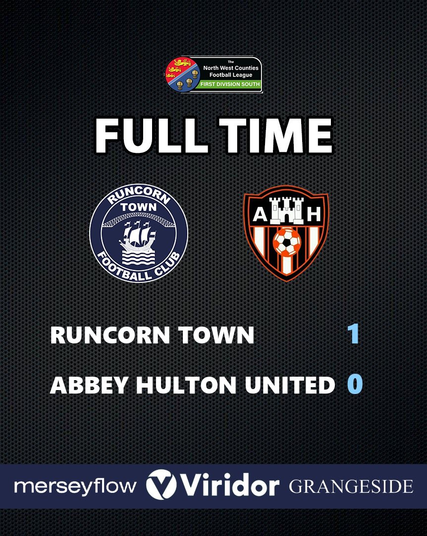 Full Time

Runcorn Town 1–0 Abbey Hulton United

It’s another great win and a fantastic defensive performance!

Tom Rufffer gave us the lead in the first half, but after that Abbey had the all the chances, but not so many clear chances as the whole Town XI put in a great shift 👏