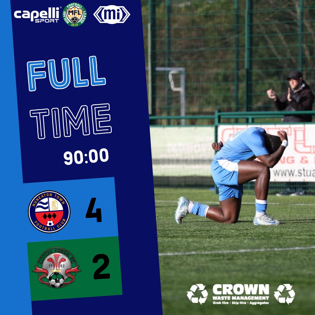 NuneatonTFC's tweet image. Full Time 

🔵4-2🟢
#TogetherForTheTown

Match bought to you by @crownwaste