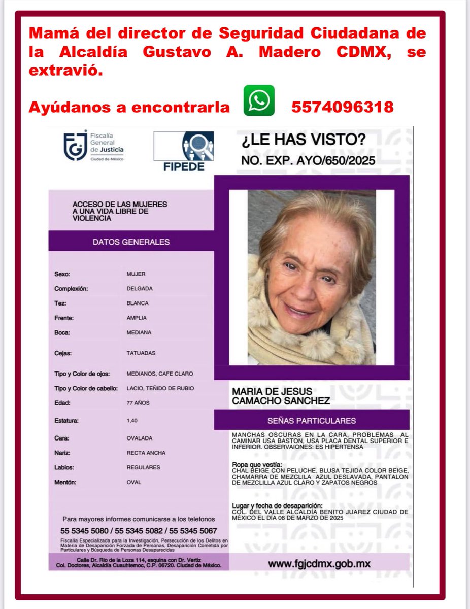 #AlertaPlateada 

Se solicita su ayuda para encontrar a la señora MARÍA DE JESÚS CAMACHO SÁNCHEZ extraviada el 3 de marzo <a href="/En_laDelValle/">En la Del Valle</a> cualquier información al 5574093618

<a href="/guerrerochipres/">Dr. Salvador Guerrero Chiprés</a> <a href="/SSPCMexico/">Secretaría de Seguridad y Protección Ciudadana</a> <a href="/SSC_CDMX/">SSC CDMX</a> <a href="/TuAlcaldiaGAM/">Alcaldía Gustavo A. Madero</a> <a href="/InMixcoac/">𝕀𝕟𝕄𝕚𝕩𝕔𝕠𝕒𝕔</a> <a href="/AdolfoPrietoVec/">AdolfoPrieto</a> <a href="/acaciasciudada1/">acacias ciudadana</a>