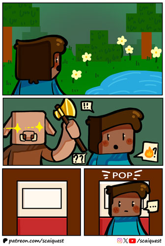 ScaiQuest's tweet image. 🥳New comic: "Always Knock", a small story about looking behind the curtain.

👀Join us on Patreon (patreon.com/scaiquest) for early &amp;amp; behind-the-scenes access, HD art and bonus panels!

#minecraft #minecraftcomic #minecraftart