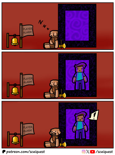 ScaiQuest's tweet image. 🥳New comic: "Always Knock", a small story about looking behind the curtain.

👀Join us on Patreon (patreon.com/scaiquest) for early &amp;amp; behind-the-scenes access, HD art and bonus panels!

#minecraft #minecraftcomic #minecraftart