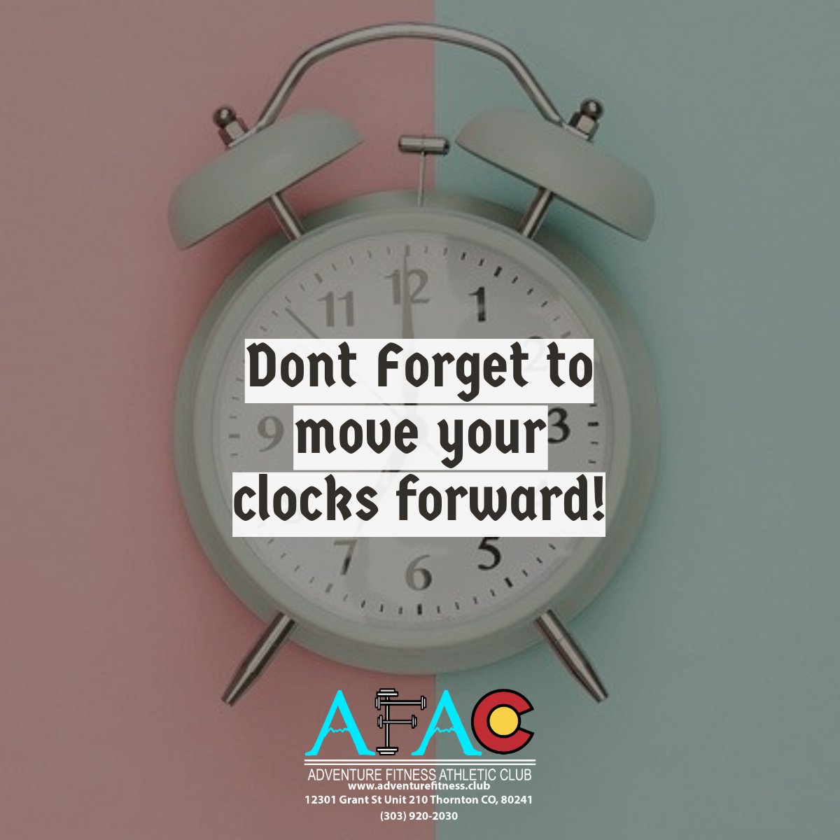 AdventureFT's tweet photo. ⏰ Don’t forget to set your clocks forward at 2 AM tonight! 🌸 Spring forward and make the most of the longer days ahead!
#DaylightSavings #SpringForward #TimeToShine #JoinTheJourney #adventurefitness #fitnessgoals #healthandwellness #fitnessjourney #getfitwithafac https://t.co/Z0Qo14ndEo