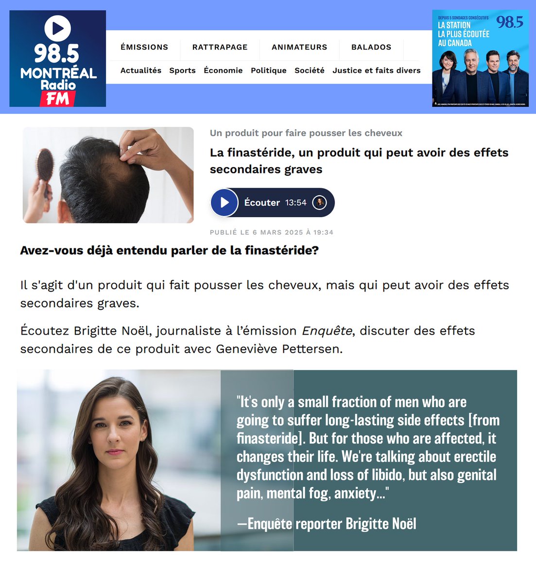 Enquête's Brigitte Noël visits 98.5, Montreal's most popular radio station, to chat about her finasteride investigation, which debuted this week on the Canadian Broadcasting Corp.'s ICI Télé #PostFinasterideSyndrome rb.gy/t962v7