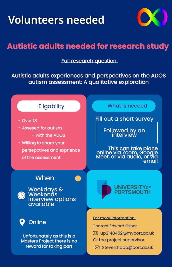 Calling autistic adults! 🔍
I am conducting Research on autistic adults experiences with the autism assessment (ADOS)

If you're 18+ and diagnosed/self-identified as autistic, I'd love to hear your thoughts!

📢 Share your story &amp; help shape future assessments!

#AutismResearch