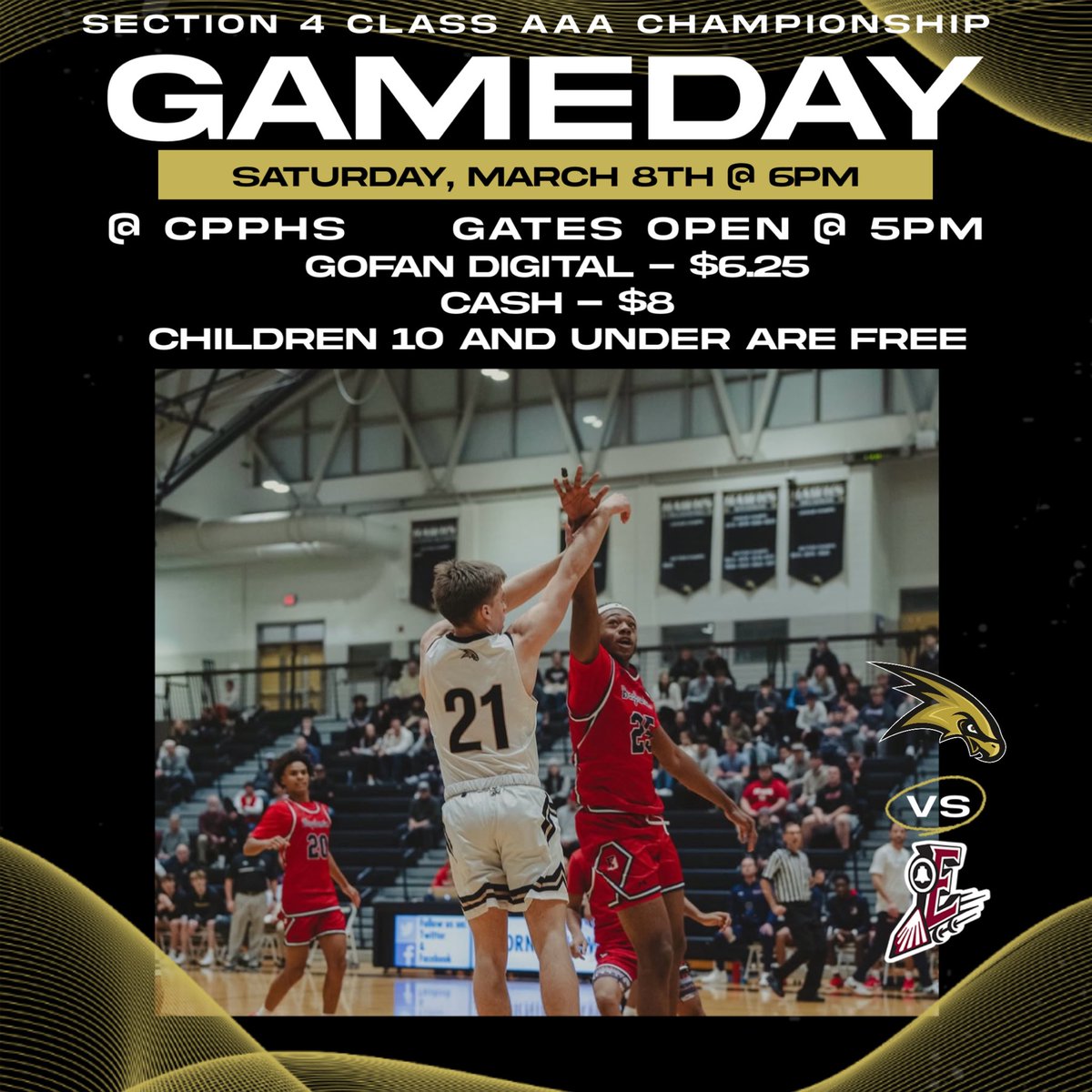 GAME DAY!!!
Section 4 Class AAA Championship 
Saturday, March 8th
CORNING VS ELMIRA
@ CPPHS
@ 6pm
Gates open @ 5pm
GoFan Digital: $6.25
Cash: $8
Tickets:  gofan.co/event/3307386?…
Live Stream: nfhsnetwork.com/events/nysphsa…