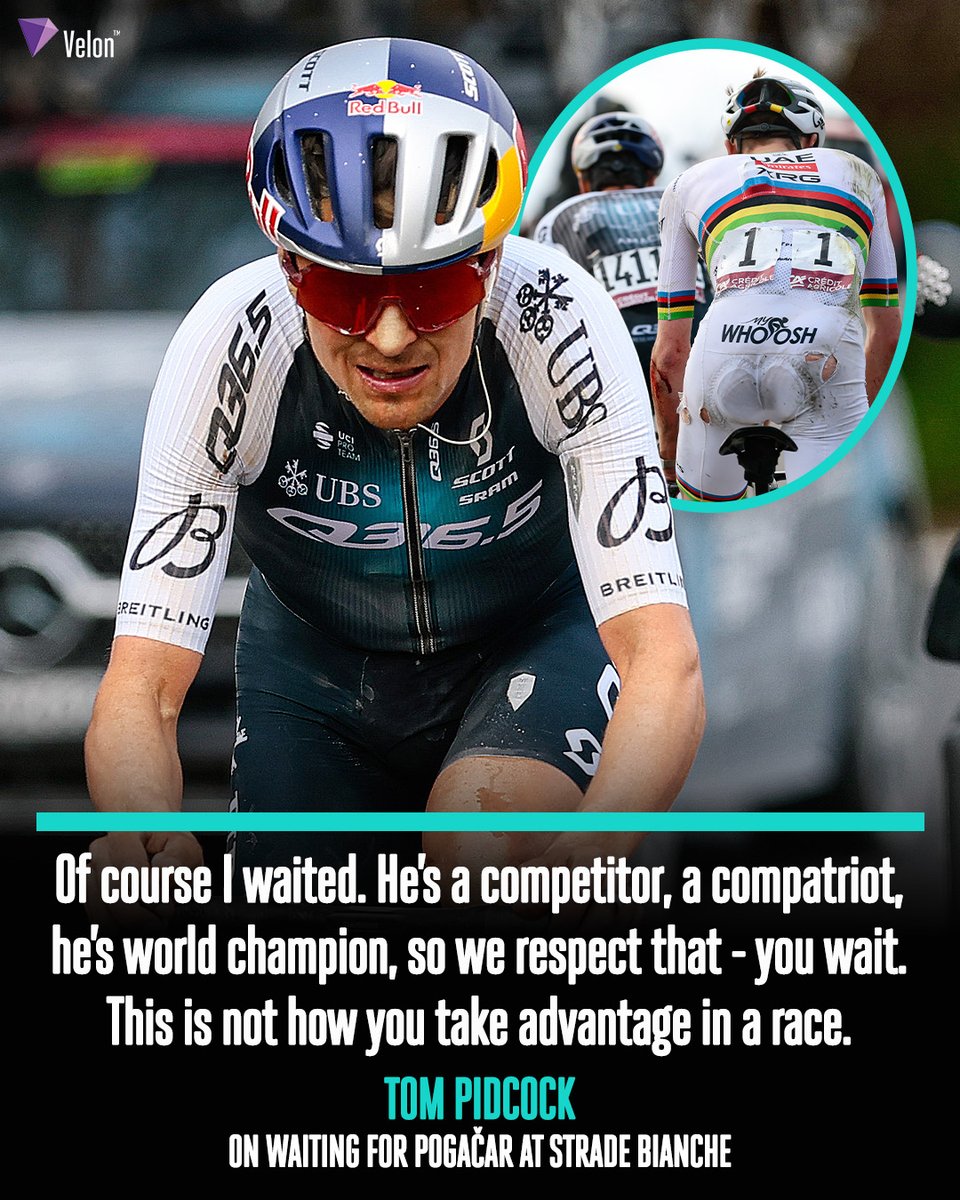 VelonCC's tweet photo. Superb sportsmanship from Tom Pidcock 👏

The British rider waited for his rival Tadej Pogačar after the Slovenian crashed 50km from the finish at Strade Bianche - Pogačar went on to win solo ahead of Pidcock in second 😲

📸 Sprint Cycling
___________________
🇮🇹 #StradeBianche https://t.co/MNfWdNAY4A