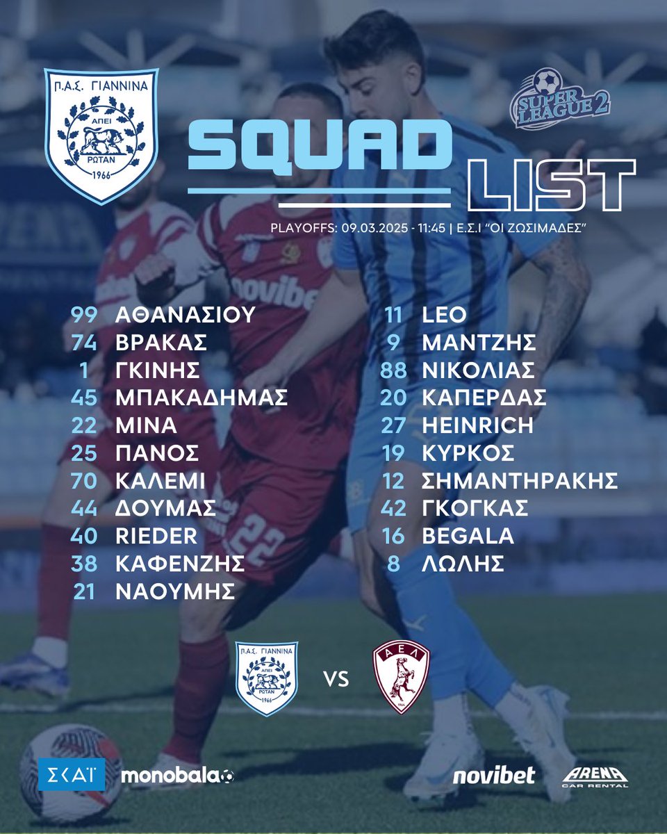 #SquadList //#playoffs Super League 2 //
Η αποστολή του ΠΑΣ ΓΙΑΝΝΙΝΑ για τον αυριανό αγώνα με την Λάρισα

Κυριακή 9/03 στις 11:45 | ΕΣΙ «Οι Ζωσιμάδες»

#pasgiannina #pas #pasgianninafc #superleaugue2 #novibet #cararena #skaitv #monobala
