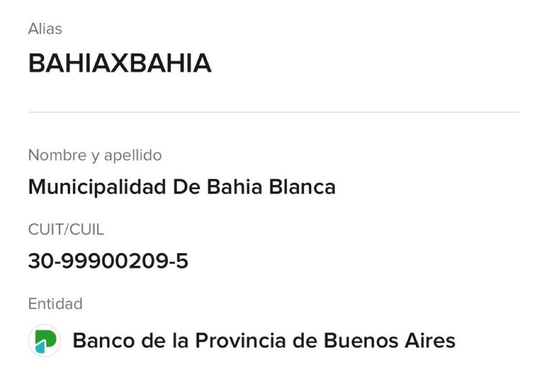 el único alias oficial habilitado para hacer donaciones a bahía es el del <a href="/MunicipioBahia/">Municipio Bahía Blanca</a>