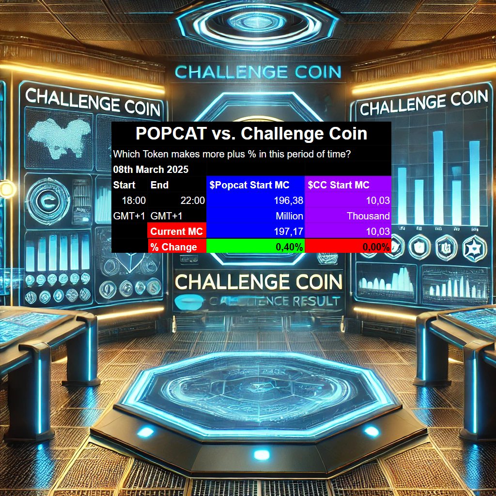 Challengecoincc's tweet photo. 🚨 IT’S TIME! 🚨

The legendary rematch between $CC vs. $POPCAT has officially begun! 🏆🔥

Who will dominate this time? Will Challenge Coin continue its winning streak, or will Popcat claw its way to victory? 🐱⚡

📊 LIVE STATS: in TG and Live Stream 21:30 GMT+1   The battle is ON!

🚀 RT & comment your predictions! Let's make history again! 🏆🔥

#Crypto #Solana #ChallengeCoin #Popcat