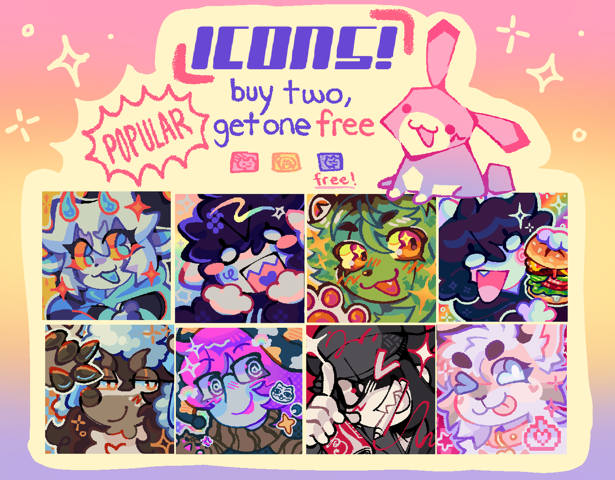 OPEN AGAIN 4 SPRING BREAK‼️tentatively emergency⚠️💔any help is much appreciated
chibis and icons are buy 2⃣, get 11⃣🆓(can mix + match)
♻️+ ❤️= I LUV U
returning customers (dm 4 c0de) + anyone in sticker club (automatic) gets 15% off!!! :33 
❤️🧡💛💚💙