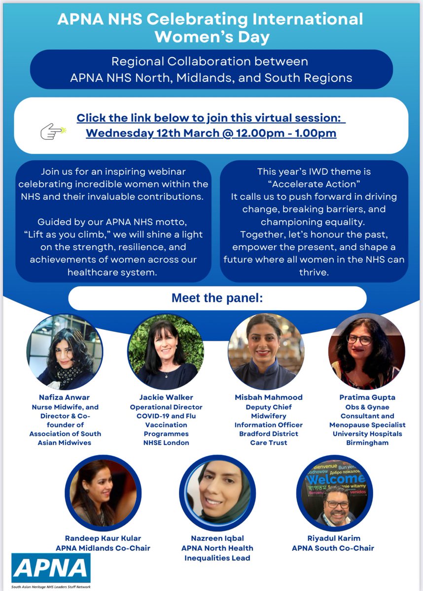 APNA NHS SOUTH (@apnasouth) on Twitter photo Happy International Women’s Day!
Join <a href="/ApnaNhs/">APNA NHS - Asian Professionals National Alliance</a> #IWD2025 Webinar
Details👇🏼
📅 Date: Wednesday, 12th March
⏰ Time: 12:00 - 1:00 PM
🎤 Speakers: <a href="/nafiza_anwar/">Nafiza Anwar FRCM MSc MA BSc BScM RGN RM 💙</a>, Jackie Walker, Misbah Mahmood and Dr Pratima Gupta
🌟 Please note this event is open to all
🔗 bit.ly/3XAgx14 🔗 Happy International Women’s Day!
Join <a href="/ApnaNhs/">APNA NHS - Asian Professionals National Alliance</a> #IWD2025 Webinar
Details👇🏼
📅 Date: Wednesday, 12th March
⏰ Time: 12:00 - 1:00 PM
🎤 Speakers: <a href="/nafiza_anwar/">Nafiza Anwar FRCM MSc MA BSc BScM RGN RM 💙</a>, Jackie Walker, Misbah Mahmood and Dr Pratima Gupta
🌟 Please note this event is open to all
🔗 bit.ly/3XAgx14 🔗