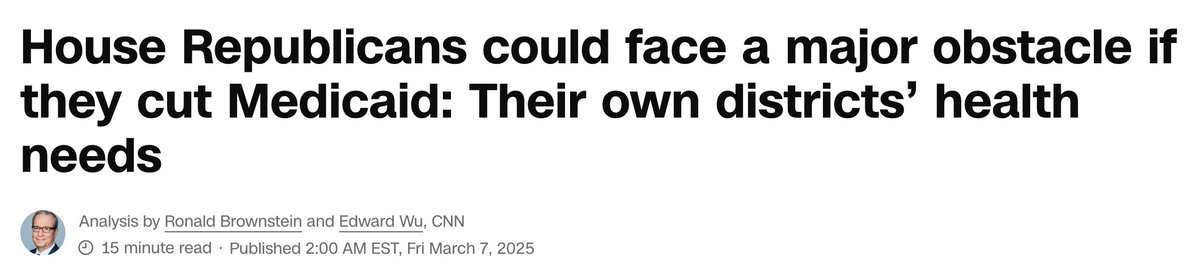 PaybackCampaign's tweet image. In order to give tax breaks to billionaires, House Republicans are putting Medicaid on the chopping block – even at the expense of their own constituents. It’s just plain cruel. cnn.com/2025/03/07/pol…