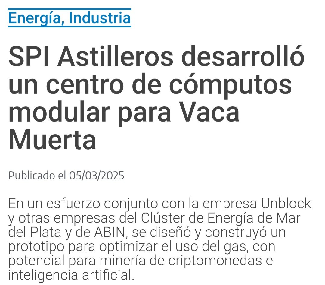 Que interesante esta intersección entre TECNOLOGÍA, RECURSOS NATURALES E INDUSTRIA METALMECÁNICA 🇦🇷:
(1) una STAR-UP TECNOLÓGICA que desarrolló un negocio para utilizar...
(2) el GAS que las PETROLERAS ventean en Vaca Muerta para usarlo en...
(3) DATA CENTERS para minado de