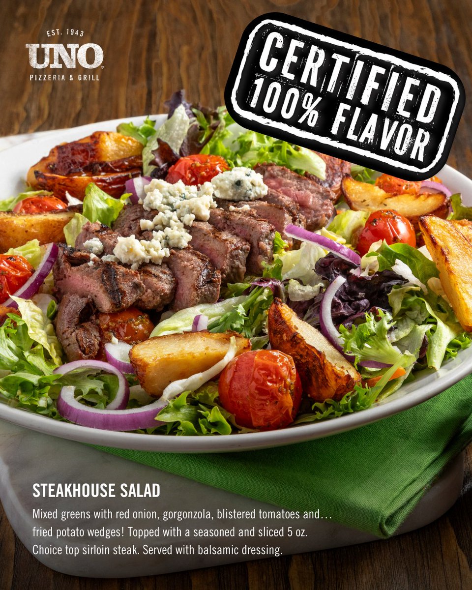 🥩🥗 A Salad with Some Serious Steakhouse Flair!  Try the new Steakhouse Salad now at participating UNO locations! Who’s in? 👇 #SteakhouseSalad #FlavorMenu #UNOeats
