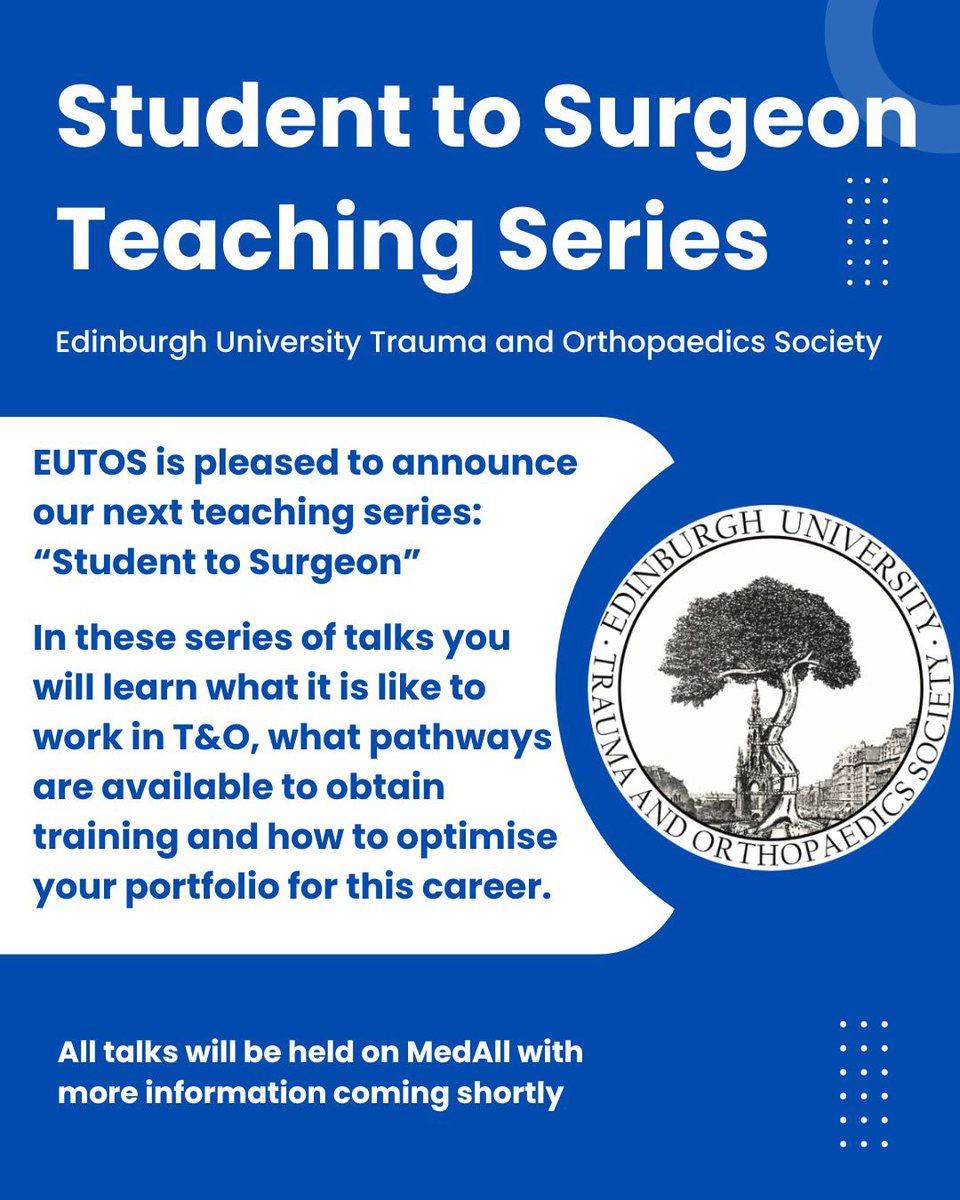 📢 EUTOS is pleased to announce to you our teaching series: ‘Student to Surgeon’. 

Keep a look out on our social media platforms for more information as our first few talks will be happening very soon! 🦴🛠️