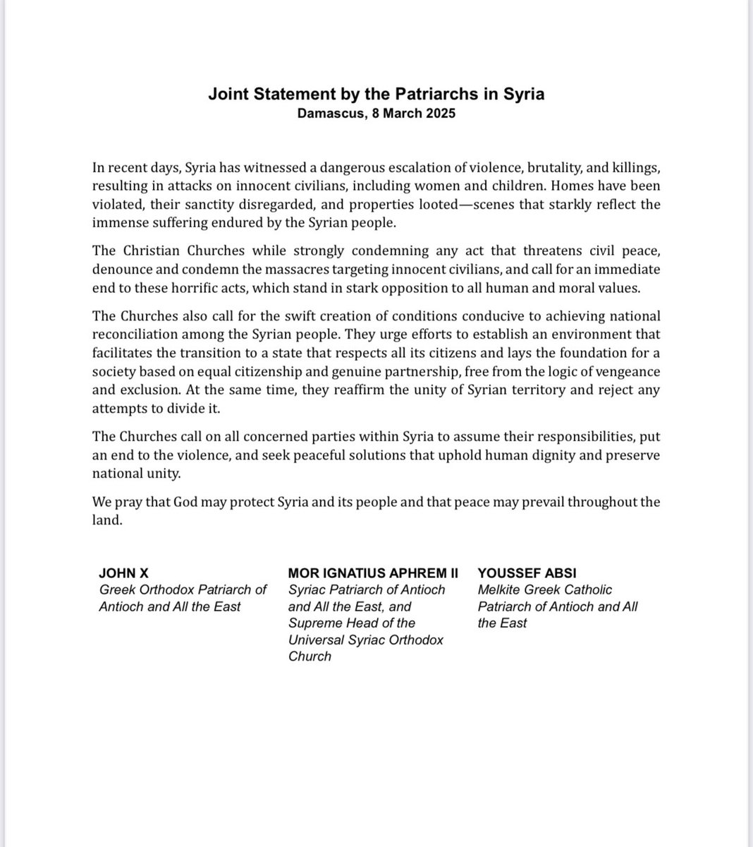 MorAphremII's tweet photo. Please Pray for Syria
A statement by the Patriarchs in Syria. 
#Syria https://t.co/9pA3Xuxo7G