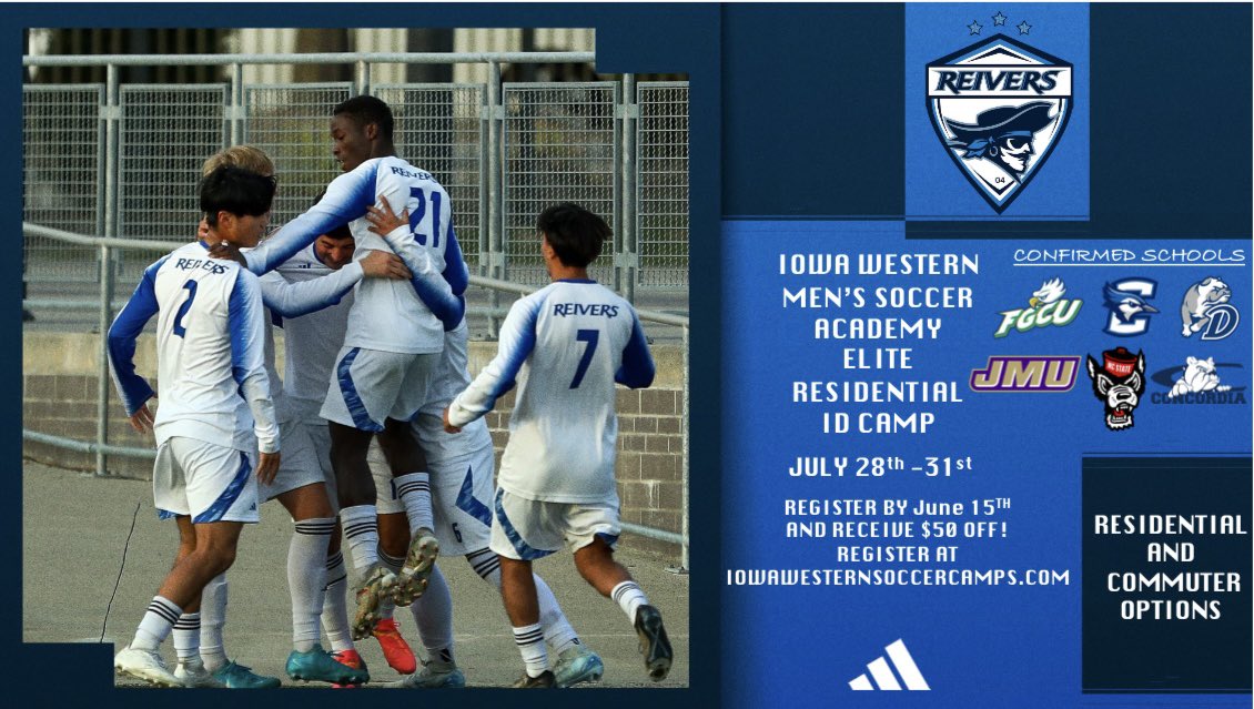 🚨BREAKING NEWS🚨
Our Elite Residential ID Camp date is out! Come get coached and scouted by 7 schools! Register by June 15th and get $50 off! Register at iowawesternsoccercamps.com