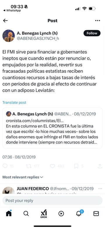 javier_noguera's tweet photo. Hoy Milei nos explica de qué va el nuevo y ruinoso acuerdo con el Fondo Monetario Internacional, a contrapelo de sus propias advertencias:
"Si el Fondo Monetario Internacional continúa con esta conducta de regalarle plata al gobierno para que la rifen intentando controlar el precio del dólar, los argentinos tendremos que revisar nuestros compromisos con el Fondo", repetía en julio de 2023.
Más severo era su célebre mentor A. Benegas Lynch (h) que decía que el Fondo servía para financiar gobernantes ineptos cuando están a punto de renunciar. 
#NoLePrestesACaputo 
#MileiEstafador 
#MileiVerguenzaMundial