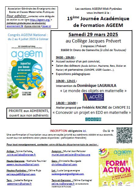 AGEEM ac Toulouse (@ageemactlse) on Twitter photo Rejoignez nous à 15eme JAF AGEEM organisée par les 8 sections <a href="/AgeemAcTlse/">AGEEM ac Toulouse</a> sur thématique du congrès <a href="/AGEEM_National/">AGEEM National</a> de Colmar #sciences le 29 mars à Toulouse intervention DLagraula +<a href="/Canope_DTOcc/">Réseau Canopé Occitanie</a> salon partenaires -éditeurs <a href="/AccesEditions/">ACCÈS ÉDITIONS</a> Expo pédagogique Rejoignez nous à 15eme JAF AGEEM organisée par les 8 sections <a href="/AgeemAcTlse/">AGEEM ac Toulouse</a> sur thématique du congrès <a href="/AGEEM_National/">AGEEM National</a> de Colmar #sciences le 29 mars à Toulouse intervention DLagraula +<a href="/Canope_DTOcc/">Réseau Canopé Occitanie</a> salon partenaires -éditeurs <a href="/AccesEditions/">ACCÈS ÉDITIONS</a> Expo pédagogique