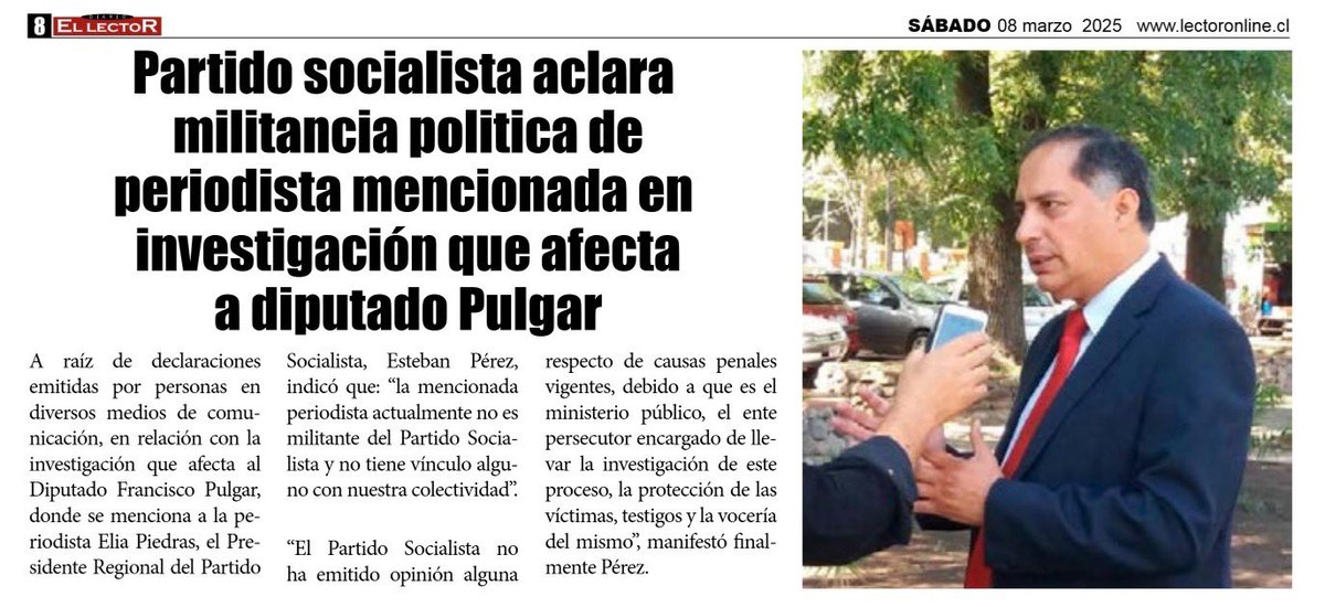 Partido Socialista aclara militancia política de periodista mencionada en investigación que afecta a
diputado Pulgar, en Diario El Heraldo y Diario El Lector de la Región Del Maule. <a href="/PSChile/">Partido Socialista de Chile</a> @EstebanPerezB
