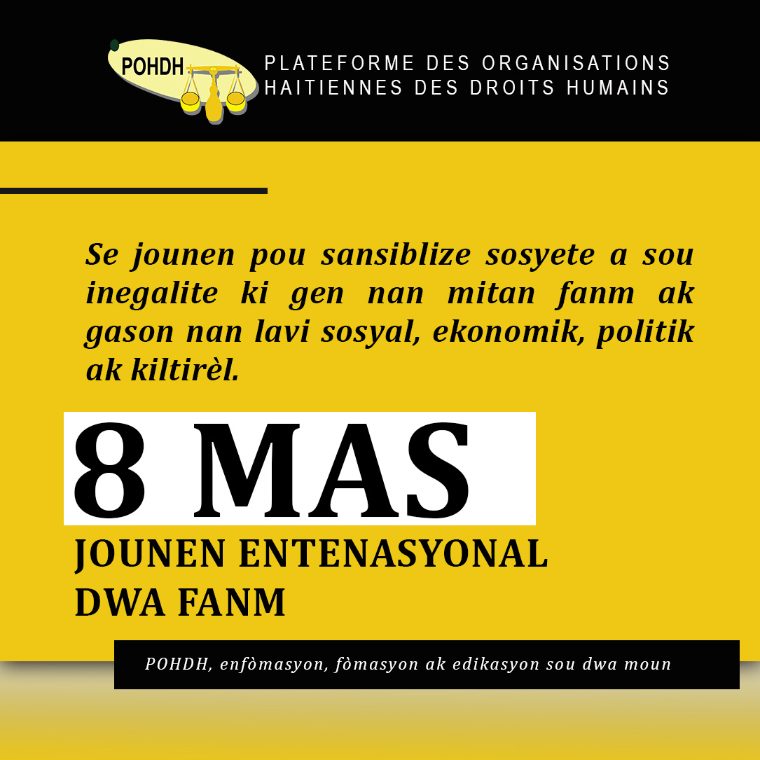 Anpil fanm nan mond lan te goumen pou kraze baryè inegalite nan mitan fanm ak gason. Fanm yo te goumen pou jwenn aksè ak edikasyon, sante, lojman, bon kondisyon travay. Pou gen dwa pou patisipe nan desizyon politik yo, epi gen kontwòl kò yo.
#pohdh
#droitsdesfemmes
#8mars