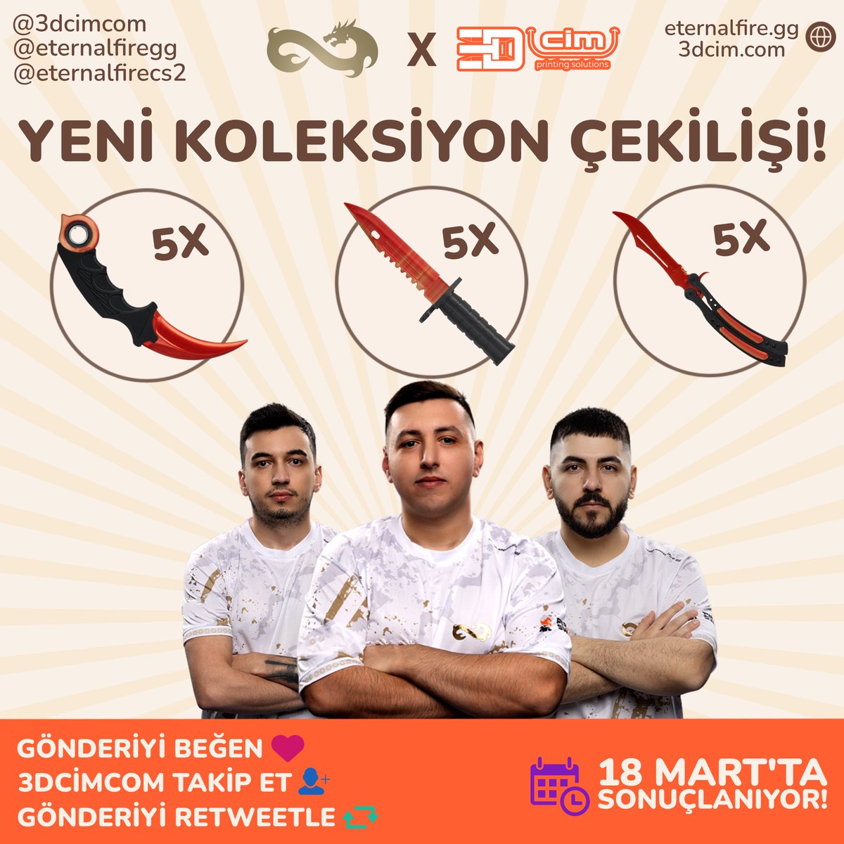 🎁 BÜYÜK ÇEKİLİŞ! 🎁
🔥 3DCIMCOM X ETERNALFIRE güçlerini birleştirdi! 🔥
CS2 tutkunlarına özel 5x Karambit, 5x Kelebek Bıçak ve 5x Bayonet kazanma şansı! 🗡️💥
Katılmak için: <a href="/LEVOBALIM/">Levent Balım</a> 
✅ <a href="/3dcimcom/">3dcim</a> hesabını takip et
✅ Bu gönderiyi beğen
✅ Yoruma 1 arkadaşını etiketle
🎯18Mart