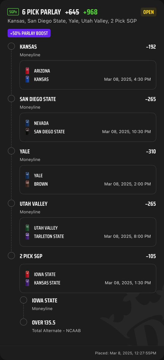 giantae_'s tweet photo. saturday cbb parlay #cbbpicks #DraftKings 
2 parlays today let’s get this 💰 https://t.co/sE1twYg4L1