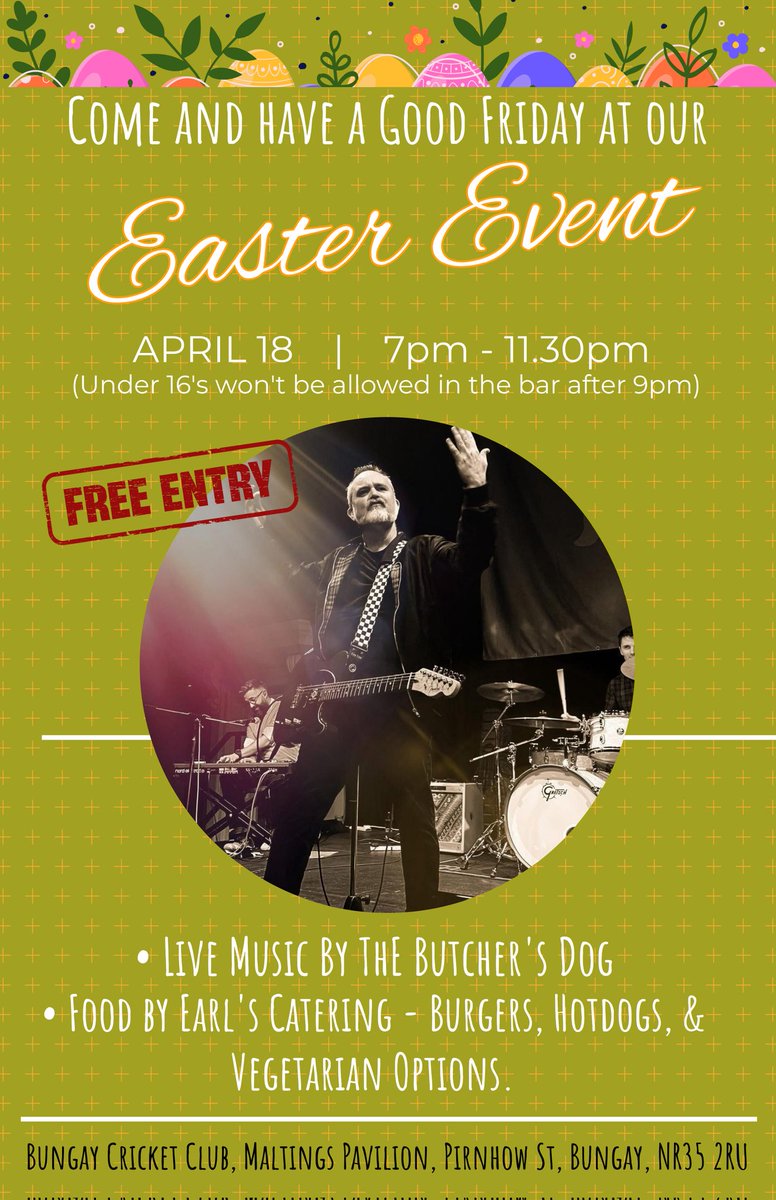 We're HoPpiNg into Easter! 🐰 Bring the whole family and come have a Good Friday with us at our Easter Event! 🐣 There will be 🎫 FREE entry 🎶 LIVE music 🍔 GOOD food... We're egg-static about it, and we can't wait to see you there!📍 Bungay Cricket Club, NR35 2RU
